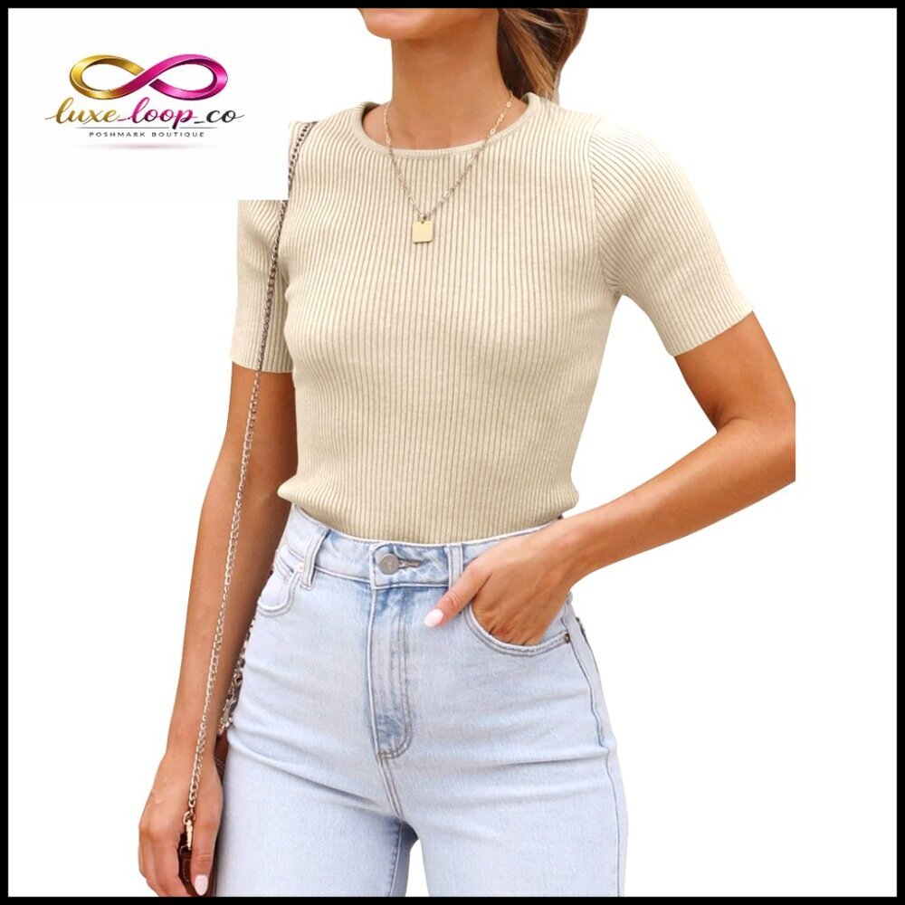 Ribbed Knit Slim Fit Crewneck Tee Summer Basic Top Lightweight Stretchy Fabric